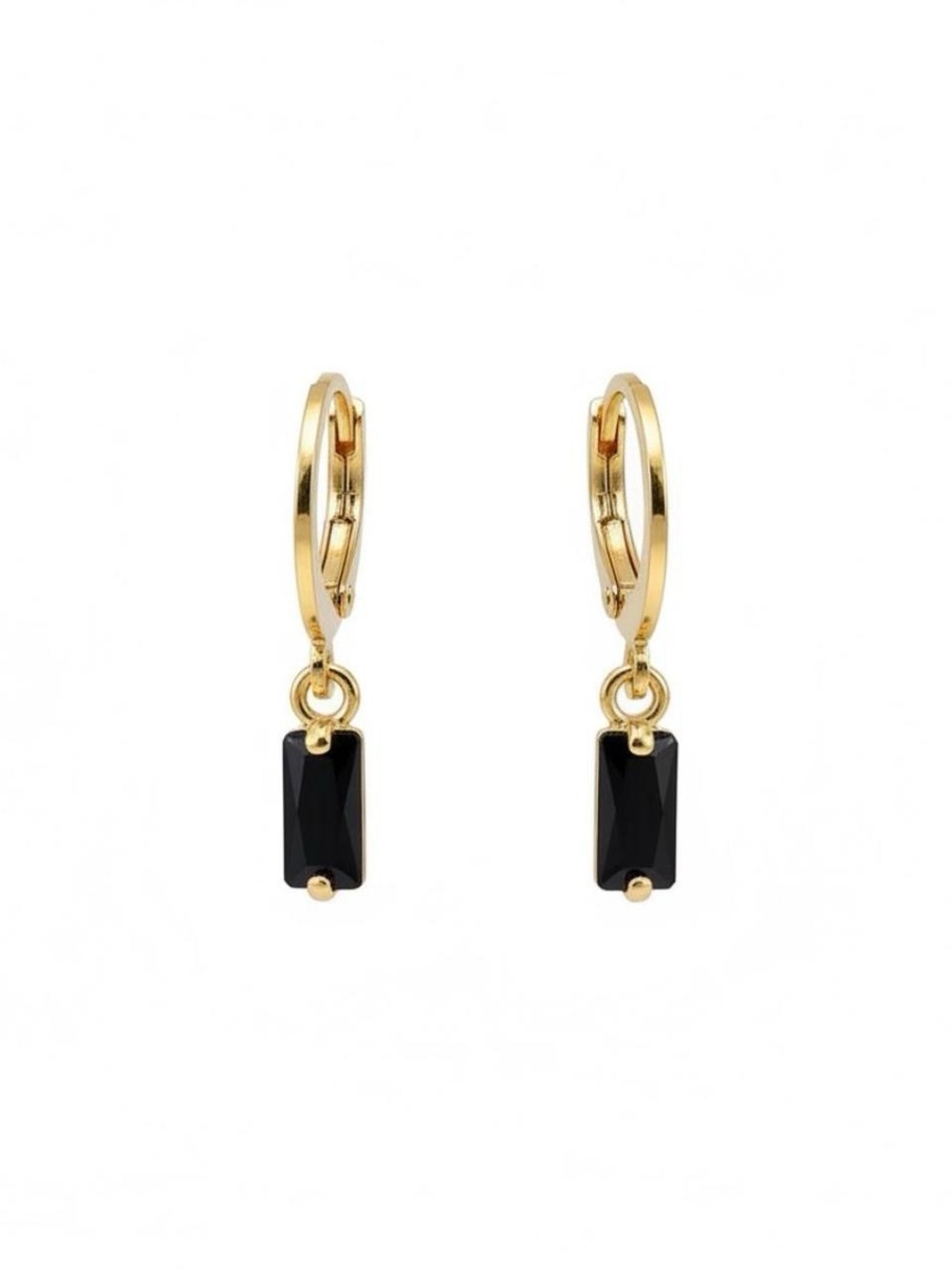 Gold Hoop Earrings with Black Rectangular Stone Drops